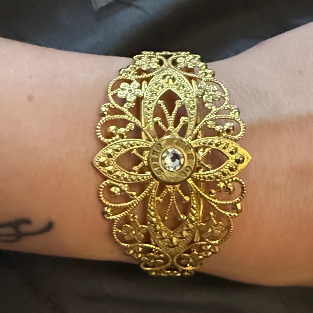 Gold Filigree Floral Cuff Bracelet with Center Crystal